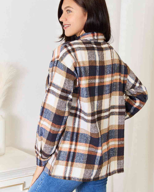 Double Take Plaid Button Front Shirt Jacket with Breast Pockets