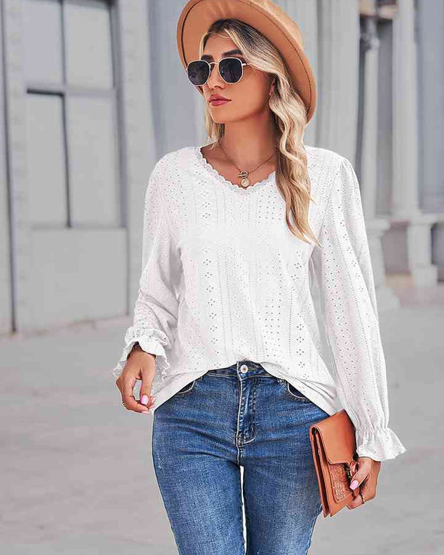 Eyelet V-Neck Flounce Sleeve Blouse