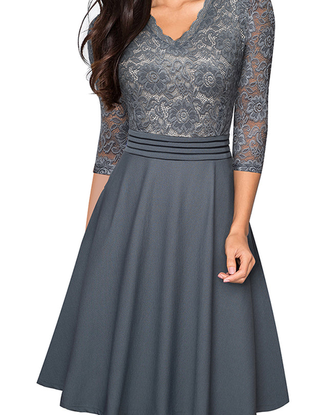 V-Neck Lace Detail Knee-Length Dress