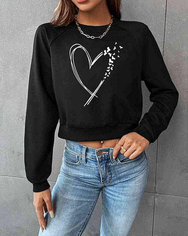 Round Neck Raglan Sleeve Heart Graphic Sweatshirt