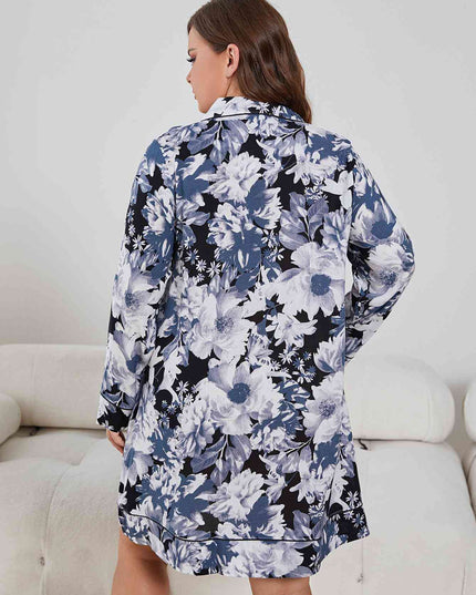 Plus Size Floral Lapel Collar Long Sleeve Night Dress