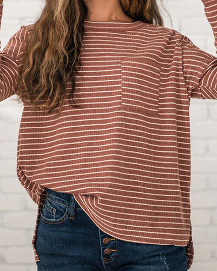 Striped Round Neck Long Sleeve Slit T-Shirt