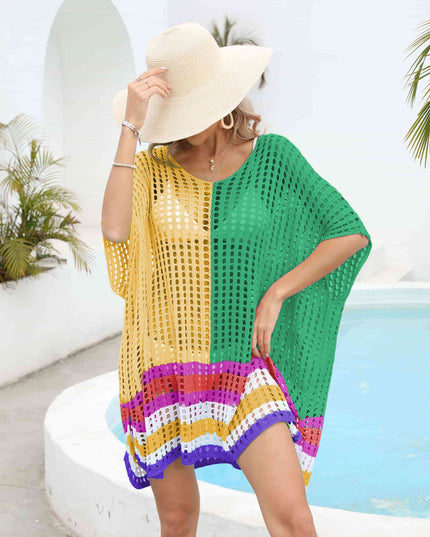 Contrast Scoop Neck Openwork Half Sleeve Cover Up