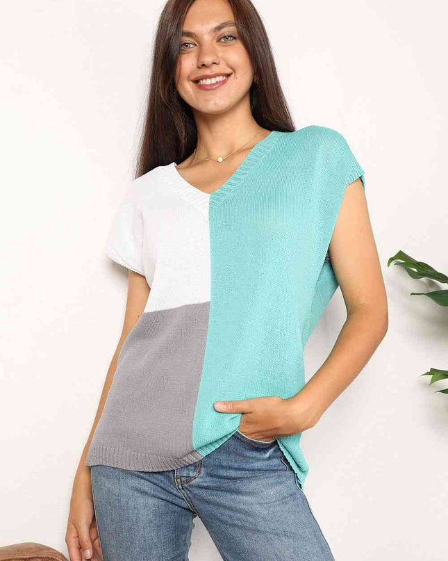 Double Take Color Block V-Neck Knit Top