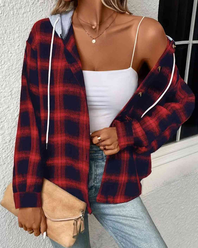 Plaid Drawstring Button Up Hooded Jacket