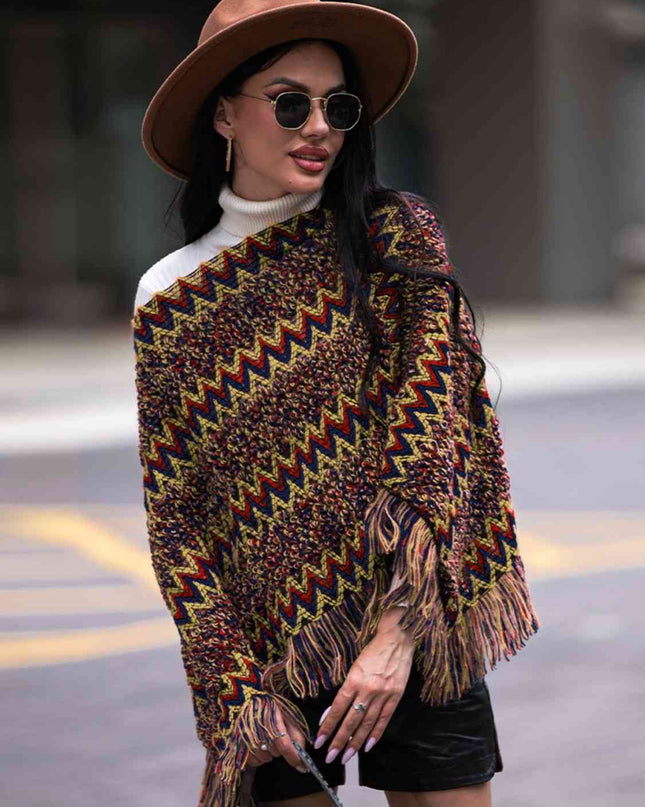 Fringe Hem Boat Neck Poncho
