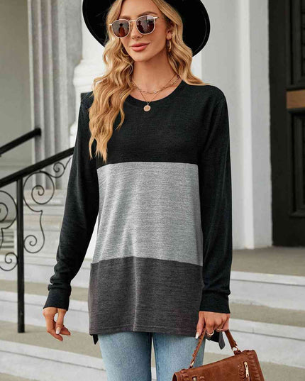 Color Block Round Neck Long Sleeve Slit T-Shirt