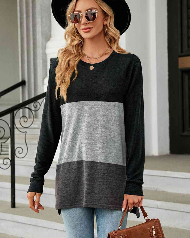 Color Block Round Neck Long Sleeve Slit T-Shirt