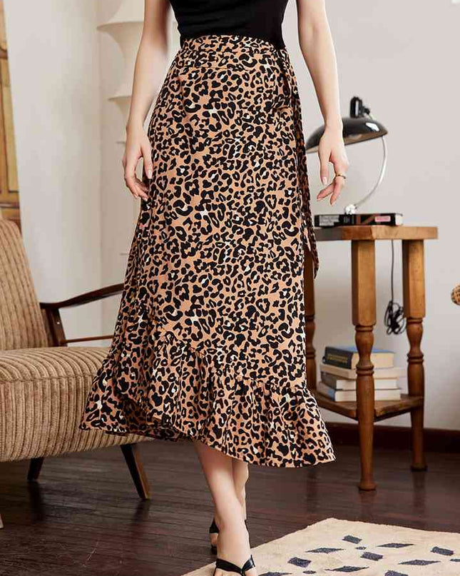 Leopard Ruffle Hem Midi Skirt