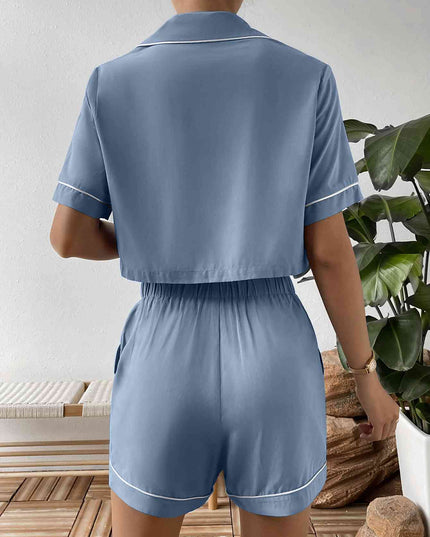 Contrast Lapel Collar Cropped Shirt and Shorts Lounge Set