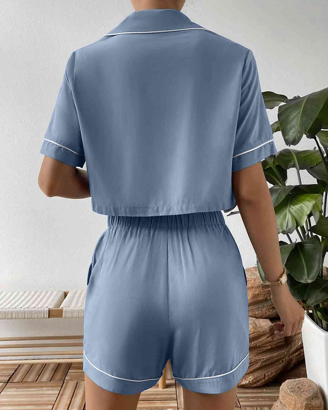 Contrast Lapel Collar Cropped Shirt and Shorts Lounge Set