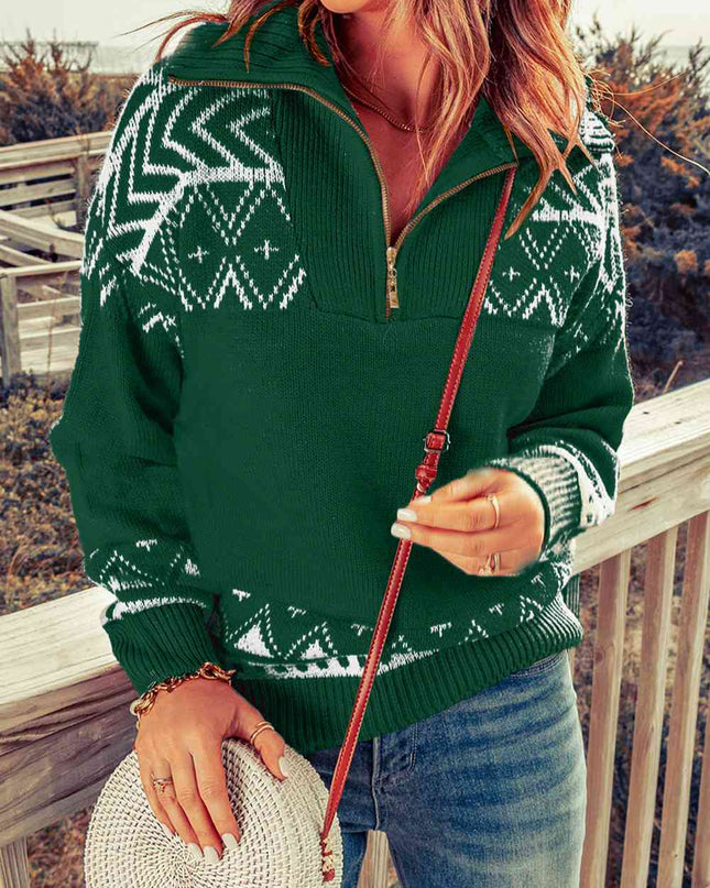 Zip-Up Mock Neck Dropped Shoulder Pullover Sweater