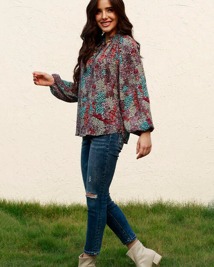 Tie Neck Heathered Balloon Sleeve Blouse