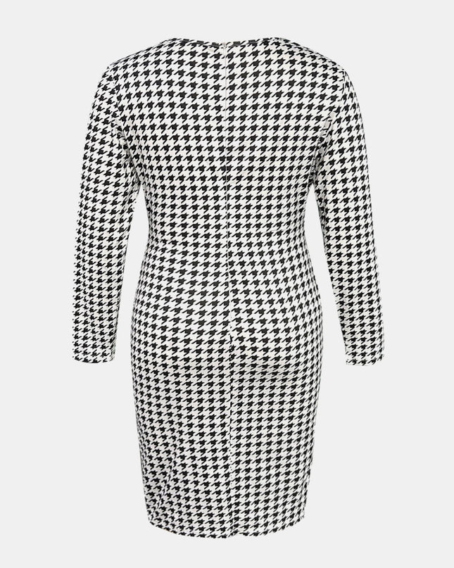 Plus Size Houndstooth Surplice Neck Long Sleeve Pencil Dress