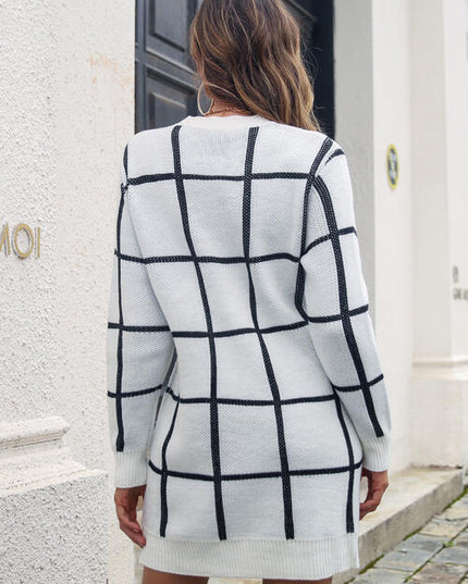 Plaid Round Neck Long Sleeve Sweater Dress