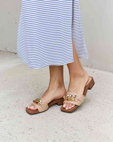 Forever Link Square Toe Chain Detail Clog Sandal in Tan