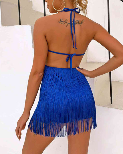 Fringed Halter Neck Tied Back Mini Dress