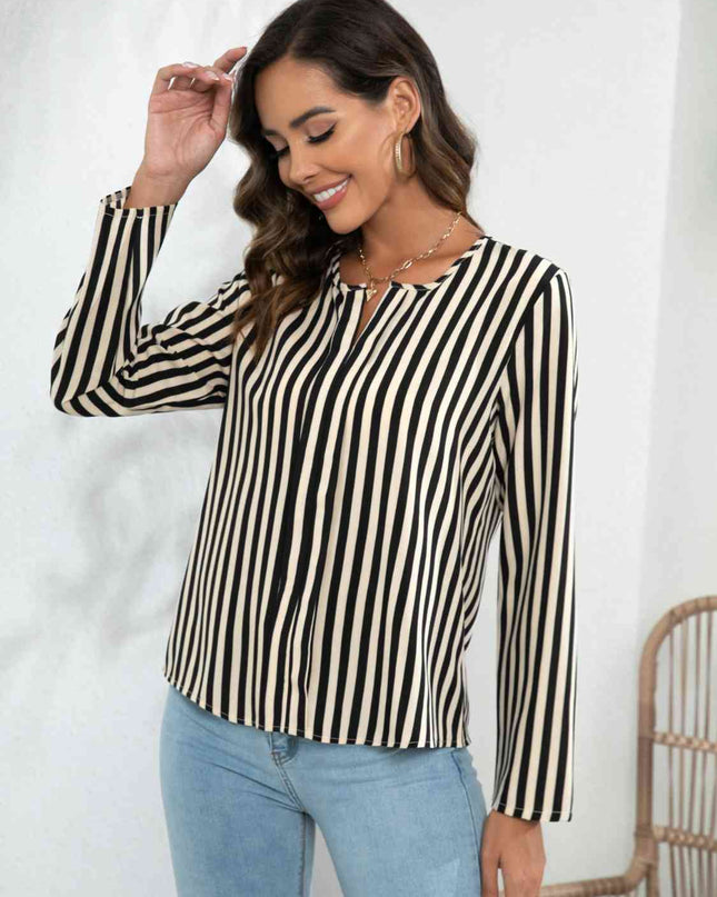 Striped Long Sleeve Notched Blouse