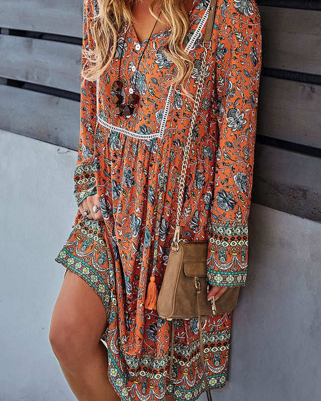 Bohemian Print V-Neck Knee Length Dress