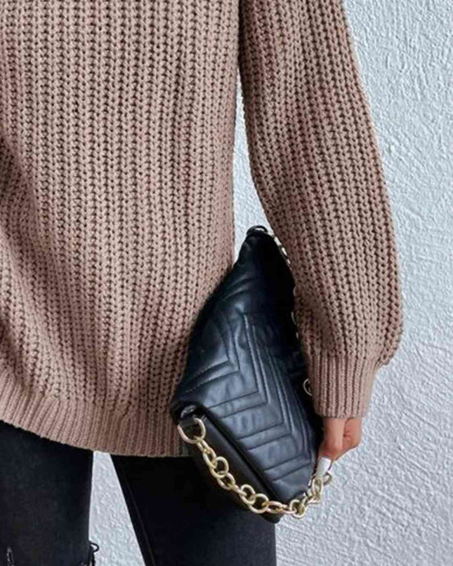 Full Size Turtleneck Rib-Knit Slit Sweater