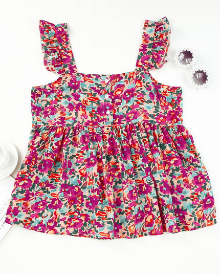 Floral Buttoned Square Neck Ruffled Tank
