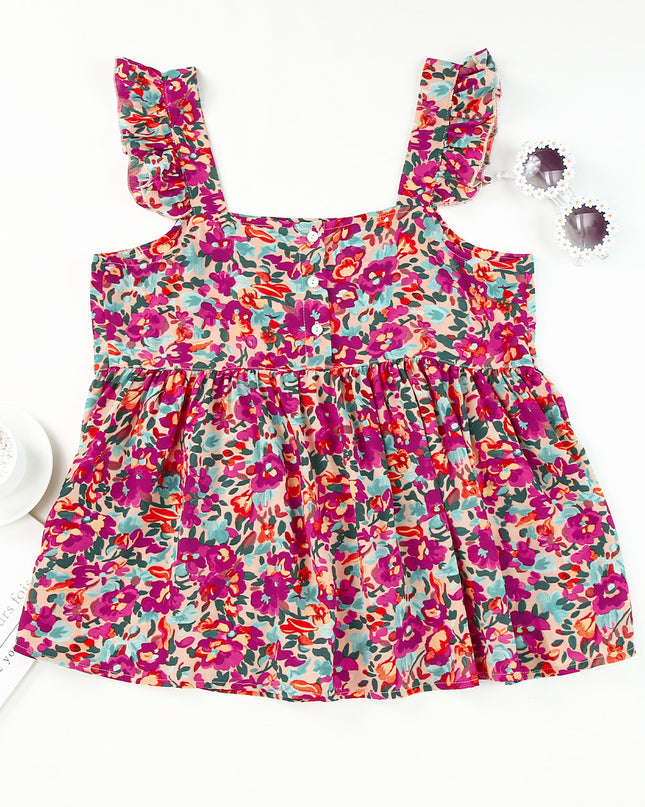 Floral Buttoned Square Neck Ruffled Tank