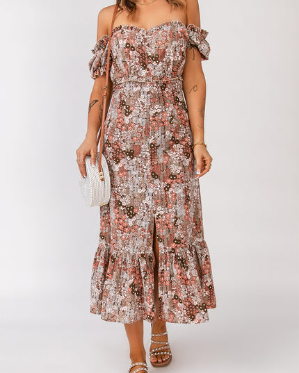 Floral Off-Shoulder Frill Trim Split Dress