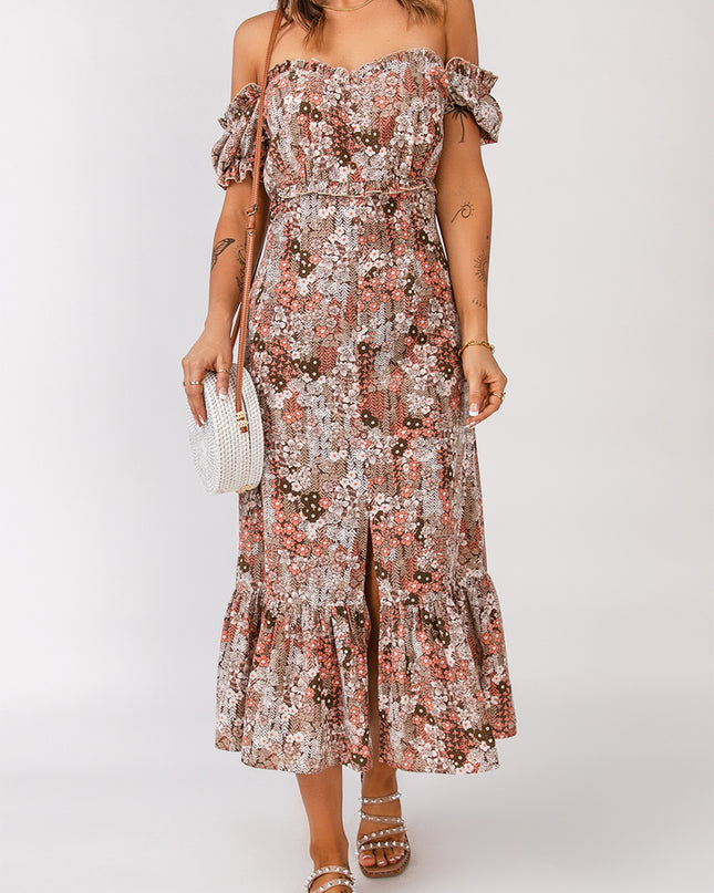 Floral Off-Shoulder Frill Trim Split Dress