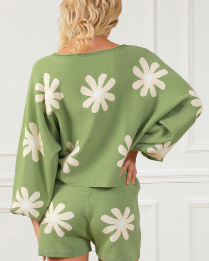 Flower Pattern Long Sleeve Sweater and Drawstring Shorts Set