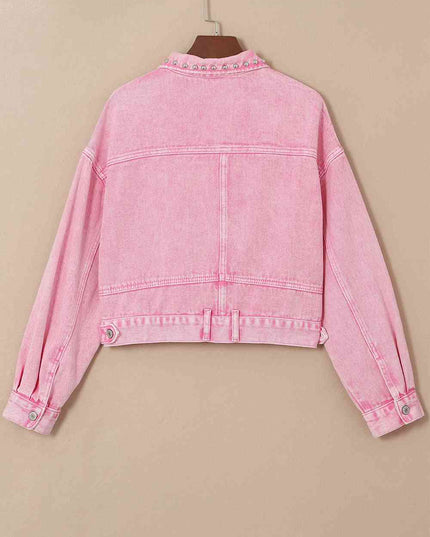 Studded Collared Neck Denim Jacket with Pockets