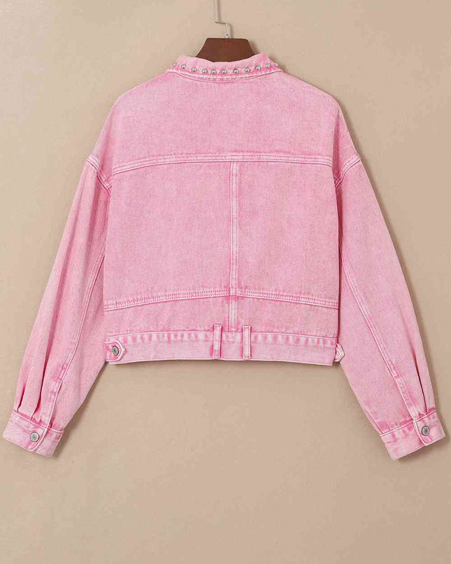 Studded Collared Neck Denim Jacket with Pockets