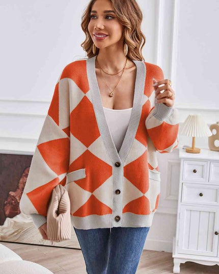Geometric Lantern Sleeve Cardigan with Pockets