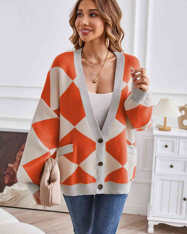 Geometric Lantern Sleeve Cardigan with Pockets