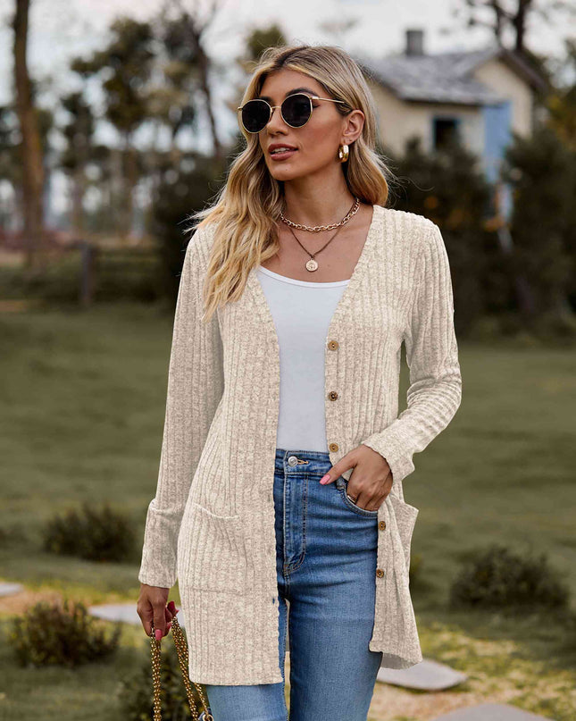 Ribbed Button-Up Cardigan with Pockets