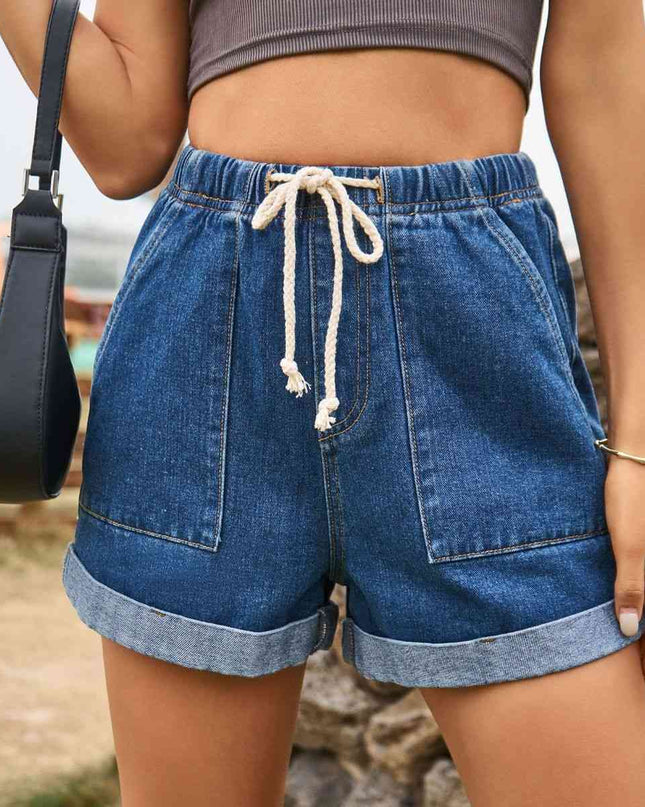 Drawstring High Waist Denim Shorts with Pockets