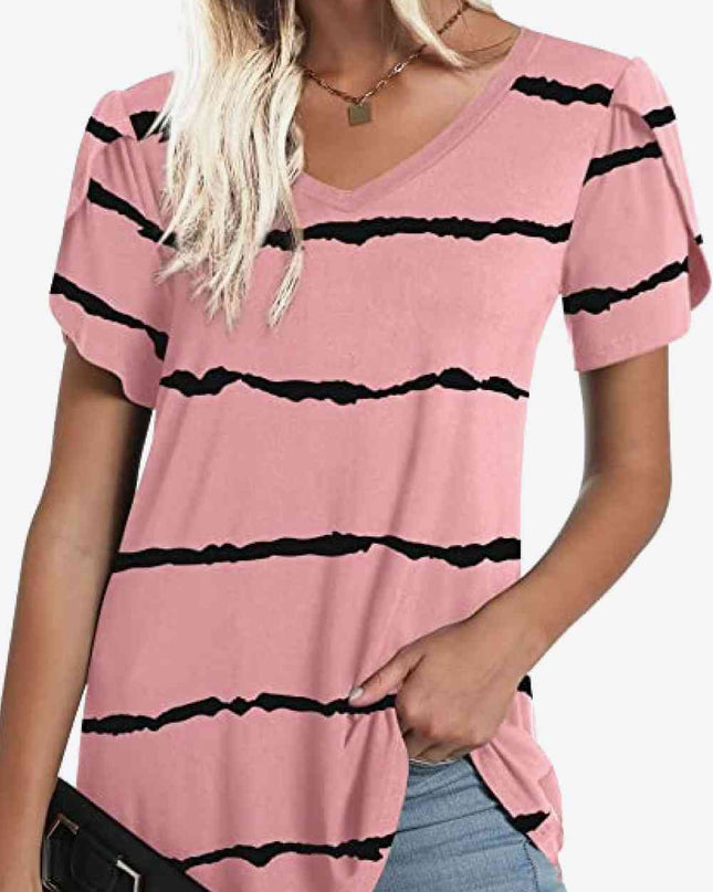 Printed Petal Sleeve V-Neck Blouse