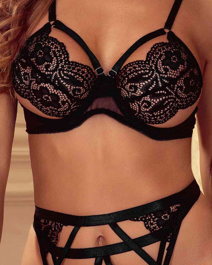 Lace Strappy Three-Piece Lingerie Set with Garter Belt