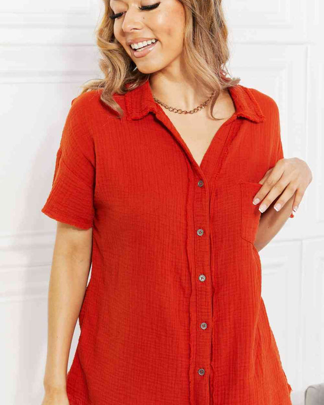 Zenana Full Size Summer Breeze Gauze Short Sleeve Shirt in Copper