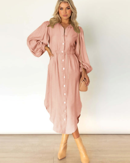 Drawstring Button Up Balloon Sleeve Dress