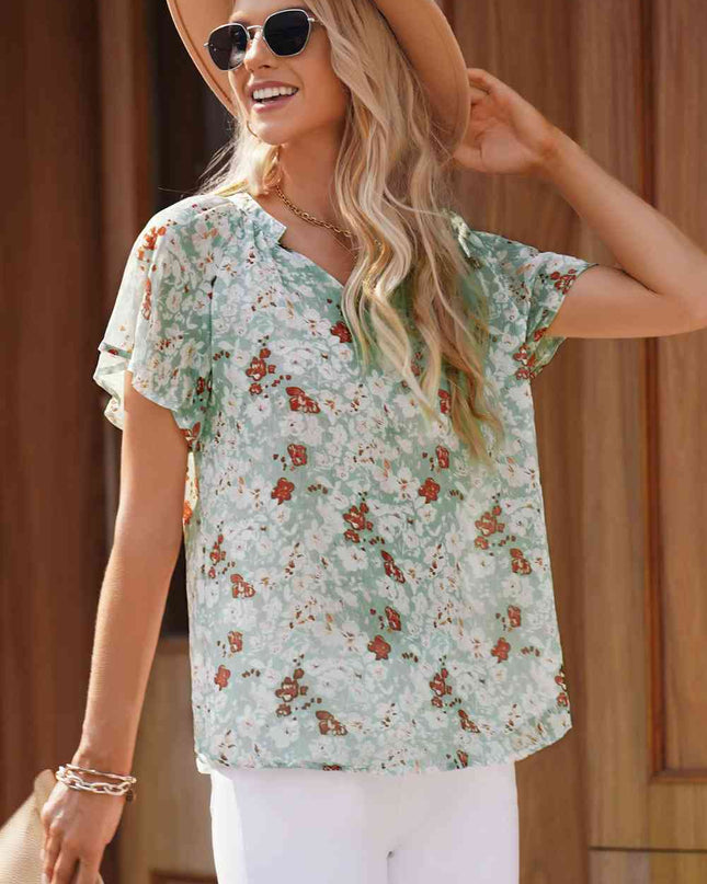 Floral Notched Neck Flutter Sleeve Blouse
