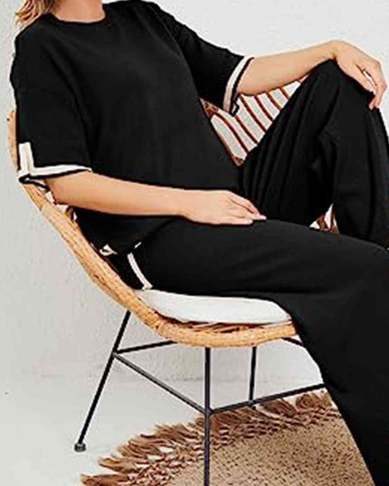 Contrast High-Low Sweater and Knit Pants Set
