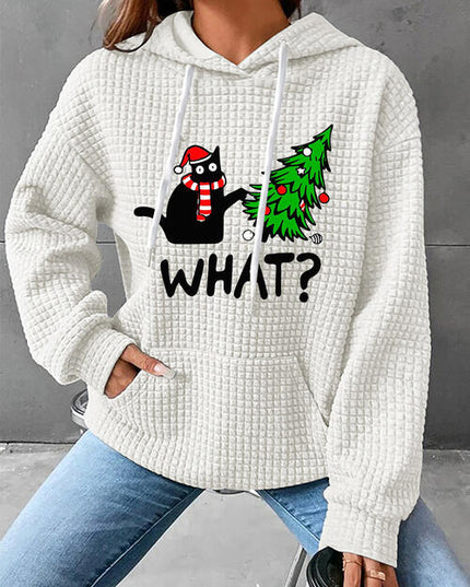Full Size WHAT Graphic Waffle-Knit Long Sleeve Drawstring Hoodie