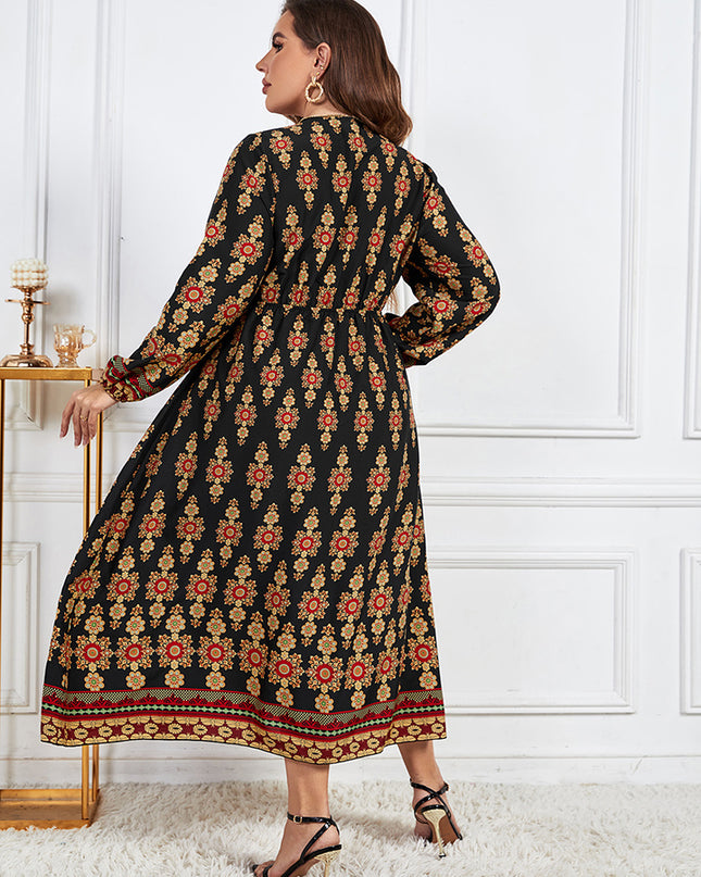 Plus Size Printed V-Neck Surplice Neck Dress