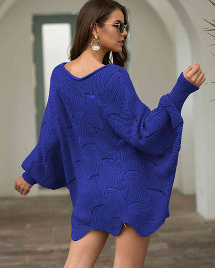 Full Size Boat Neck Lantern Sleeve Openwork Knit Top