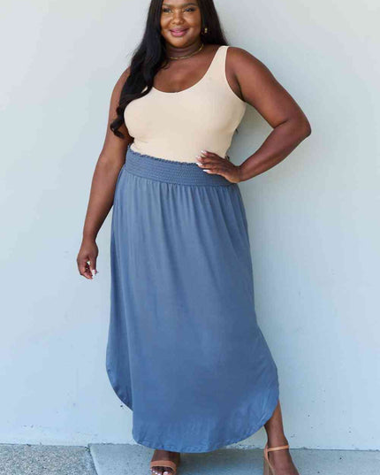 Doublju Comfort Princess Full Size High Waist Scoop Hem Maxi Skirt in Dusty Blue