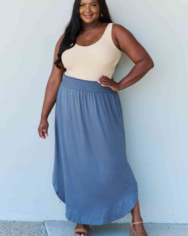Doublju Comfort Princess Full Size High Waist Scoop Hem Maxi Skirt in Dusty Blue