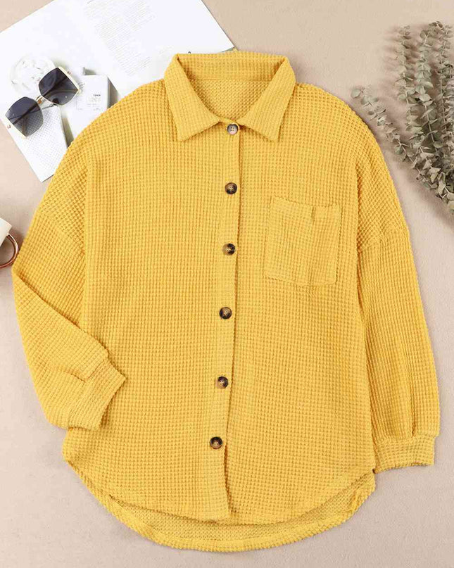 Waffle-Knit Button Up Long Sleeve Shirt with Pocket