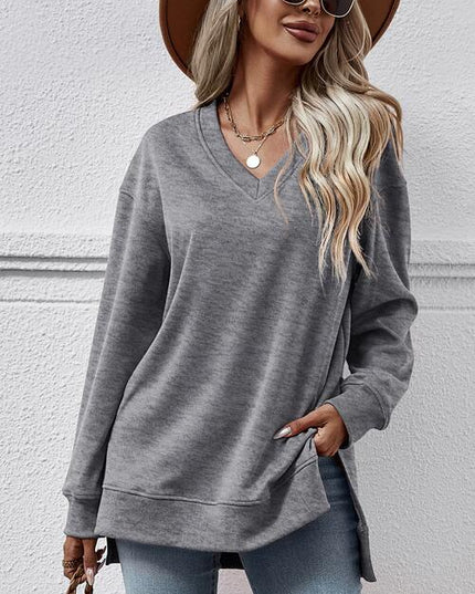 V-Neck Slit Long Sleeve Sweatshirt