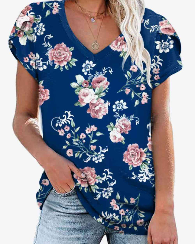 Printed Petal Sleeve V-Neck Blouse
