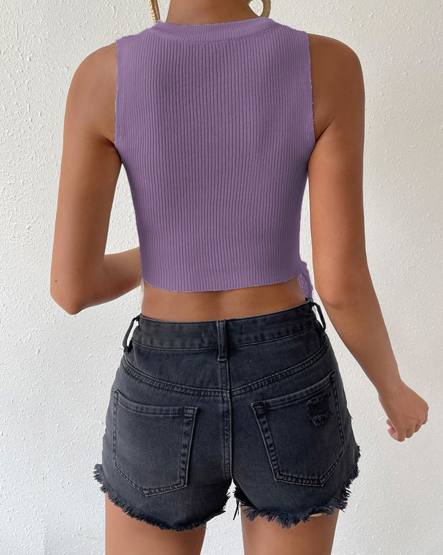 Fringe Hem Round Neck Ribbed Knit Tank